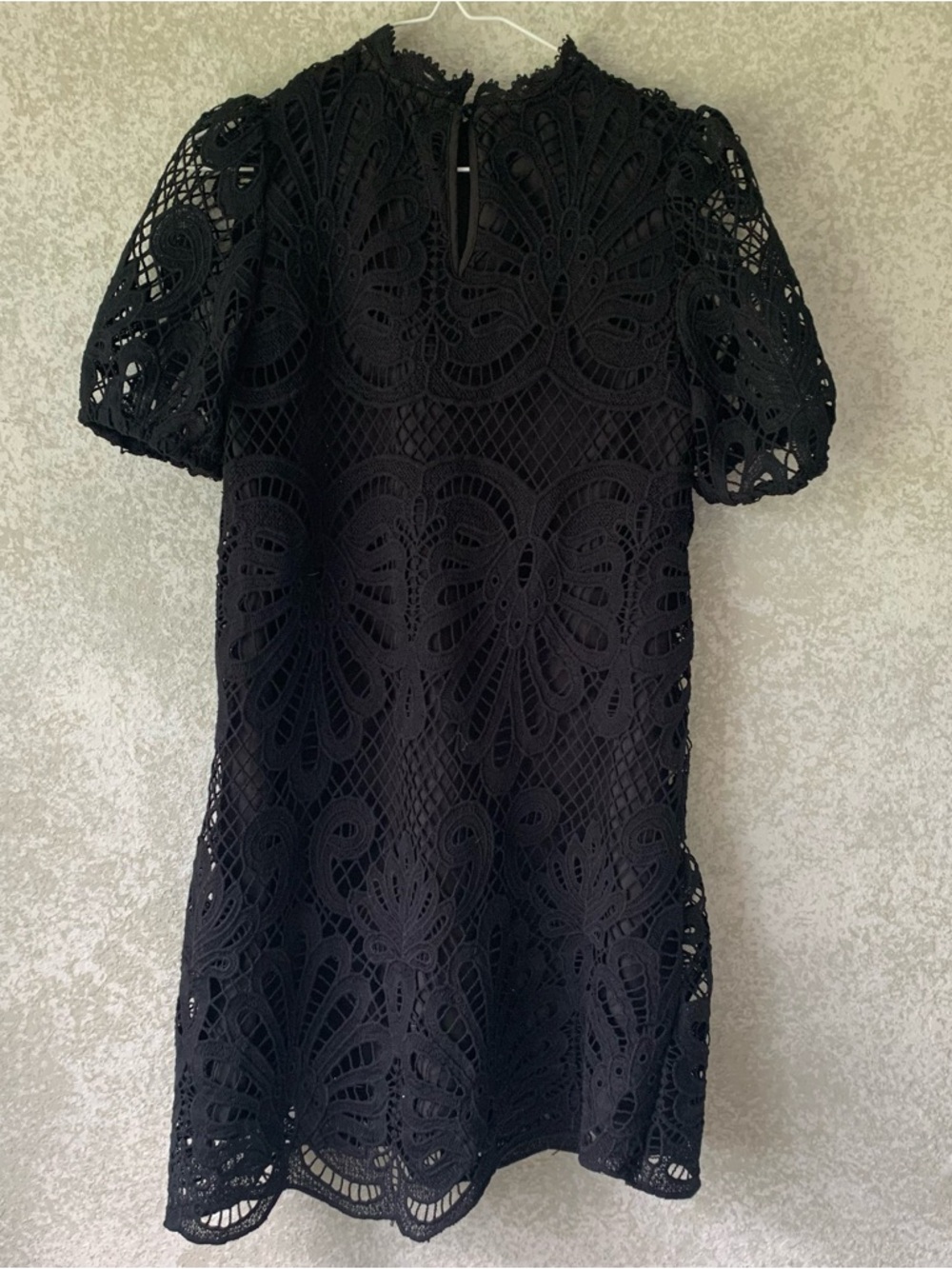 SHEIN Black Guipure Lace Mock Neck Puff Sleeve Mini Shift Dress Size 4‎ S